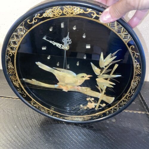 VTG 1980s Mother of Pearl Birds & Floral Black Oriental Wall Clock - WORKING