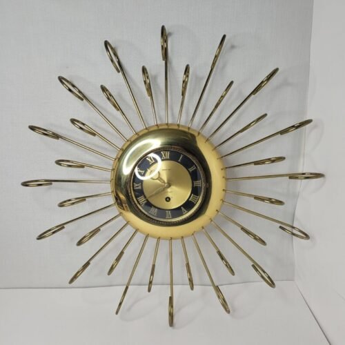 Vtg 50s MCM Eight 8 Day Jeweled Atomic Starburst Wall Clock MCM Gold Brass-Tone