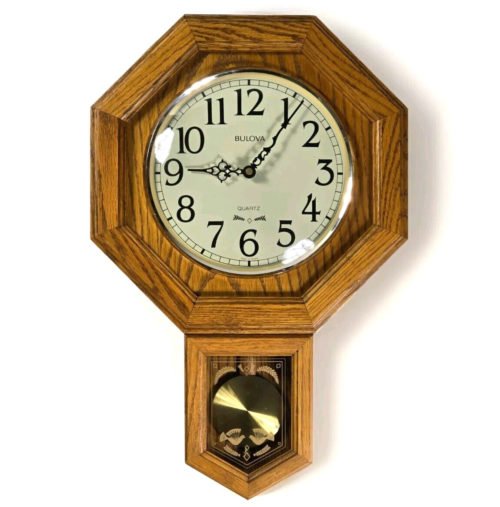 VTG 70's Bulova Pendulum Wall Clock, Regulator Style, Oak, Wooden, Quartz, C3535