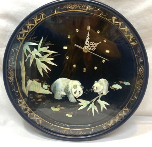 VTG Asian Black Lacquer Wall Clock Mother of Pearl Panda Bamboos Rocks Working