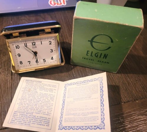 VTG Black Elgin Travel Alarm Clock Clamshell Japan No 8221 AWE8 Luminous w Box
