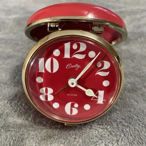 VTG BRADLEY Travel Alarm Clock MCM 70s Red Round Wind Up Fully Functional
