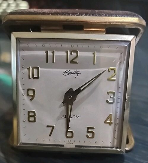 VTG Bradley Travel Folding Brown Hard Case Alarm Clock Wind Up Japan 2.75"