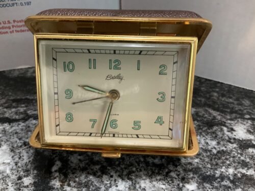 Vtg BRADLEY Wind-Up Travel Alarm Clock Brown Hard Plastic Case