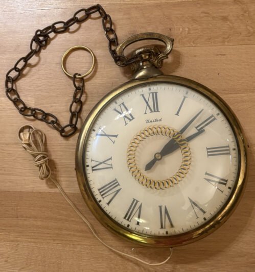 Vtg Brass United Clock Corp Pocket Watch Wall Clock Model 47 Working w/Chain MCM