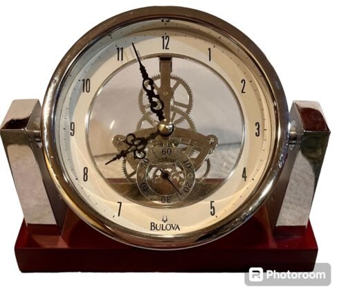 Vtg Bulova Largo Desk Table Clock Chrome Mahogany Skeleton Movement