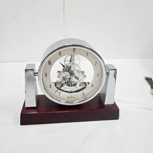 Vtg Bulova Largo Desk Table Gears Clock Chrome Mahogany Wood Skeleton Movement