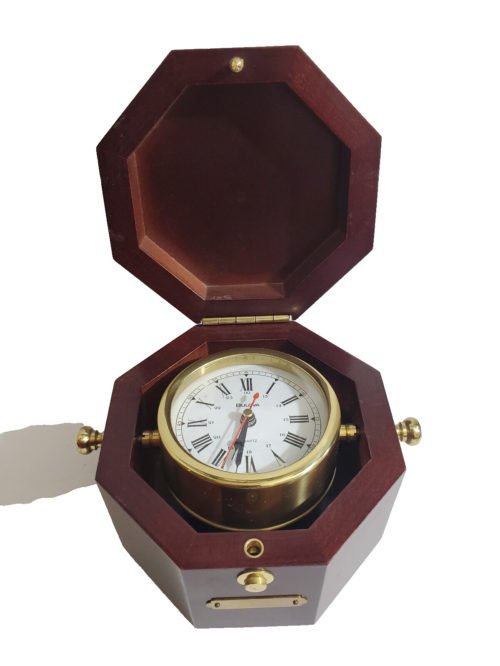 VTG Bulova Quartz Maritime Nautical Gimballed Lidded Wood Box Ship Clock B7910