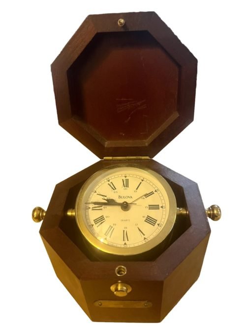 VTG Bulova Quartz Maritime Nautical Gimballed Lidded Wood Box Ship Clock B7910