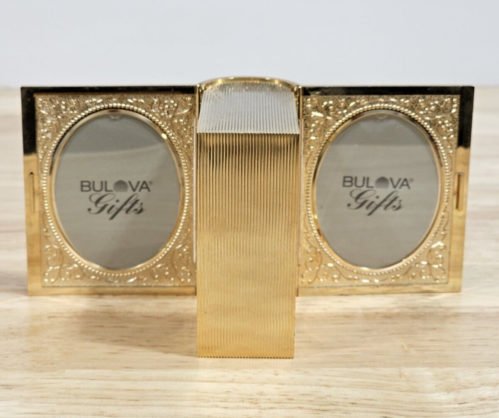 VTG Bulova Travel Alarm Clock B1620 Book Shape 2 Photo Frame Victorian Pattern