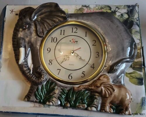 VTG Ceramic Elephant & Baby Wall Clock Ceramic Hand Painted KK Merchandise 2002