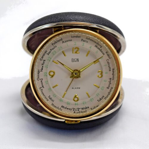 Vtg Elgin Bradley Japan World Time Black Manual Folding Travel Alarm Clock-Runs