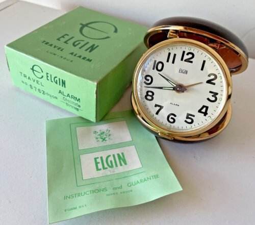 VTG ELGIN ROUND TRAVEL ALARM CLOCK 8762 CHOC BROWN ORIG BOX LOOKS NEW LUMINOUS