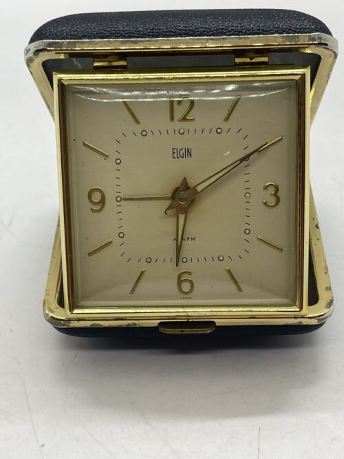 Vtg Elgin Travel Alarm Clock Black Clamshell Wind-Up Luminous Hands Japan