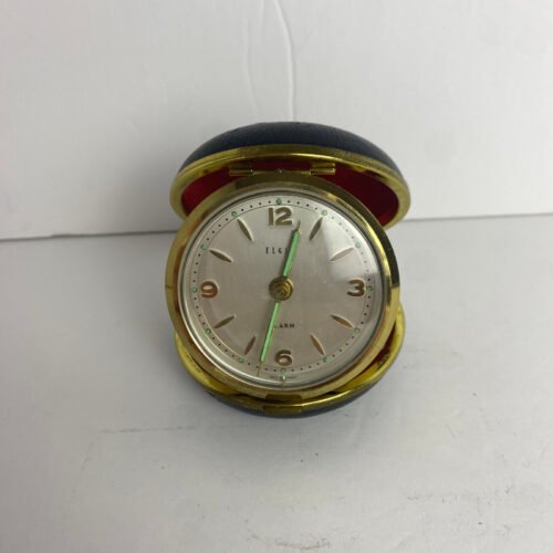 Vtg Elgin Travel Foldable Wind-Up Alarm Clock Round Black Glow in Dark Hands