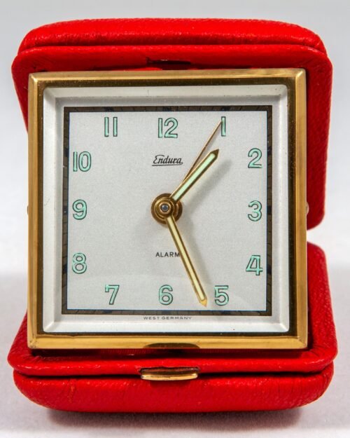 VTG Endura Brass/Red Leather Travel Alarm Clock Nr. 30 W/Orig. Box Tested/Works