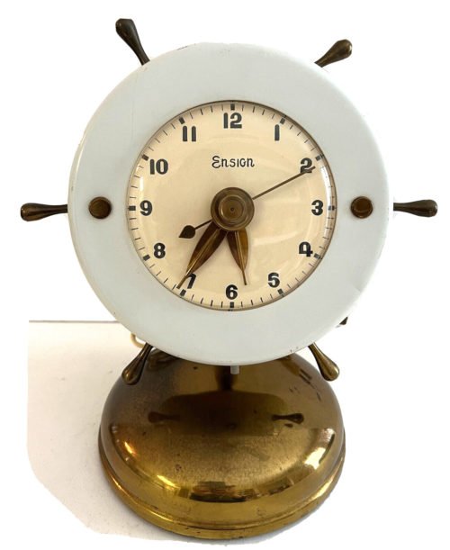 VTG Ensign Helm Ships Wheel Desk Clock Brass & Metal Working 9"
