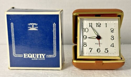 Vtg Equity Travel Alarm Clock Folding Brown Case Wind-Up Taiwan w/ Box Tested