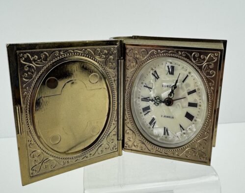 Vtg Europa Germany 2 Jewel Wind Up Alarm Clock MOP Face w/ 2 Photo Holders