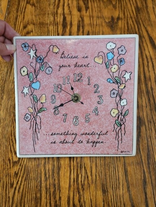 Vtg Flavia Tile Wall Clock Pink Floral "Believe In Your Heart" Art AA Battery