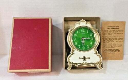 Vtg Footed Elgin Alarm Clock Green Face Gold Trim W/ Box Japan Works 85442! S81