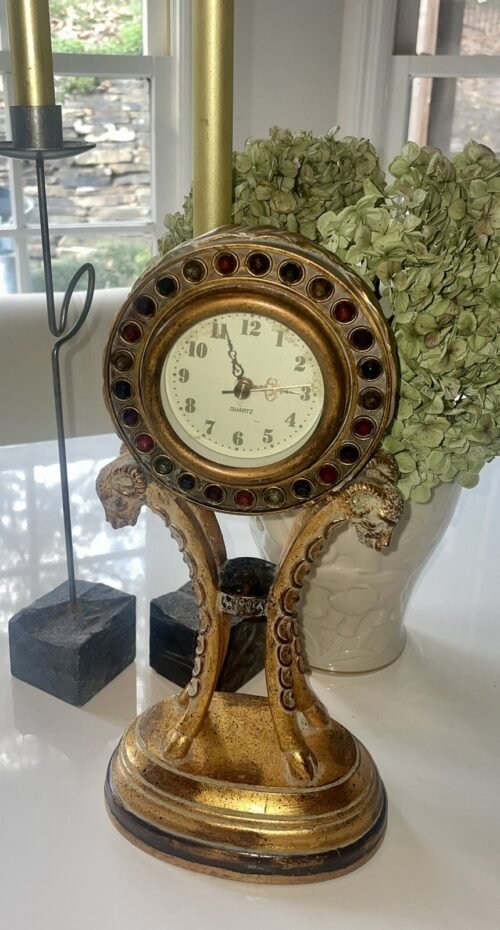 VTG Gold-Toned Jewel-Like Stones, Stylized Rams Mantle /Desk Clock Solid - WORKS