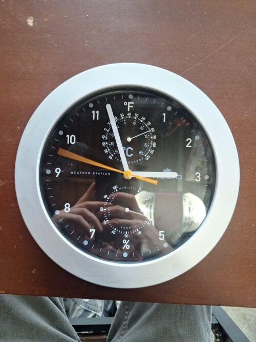 Vtg Helio Wall Clock Weather Station 10" Humidity/Temperature Silver/Black WORKS