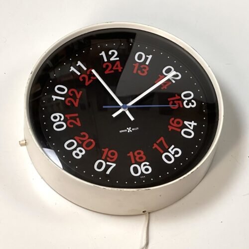 Vtg Howard Miller MCM Wall Clock 14" Euro Style 24 Hour Helvetica Black White