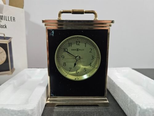 Vtg. Howard Miller Table Top Clock with Alarm-Black Lacquer & Brass NIB