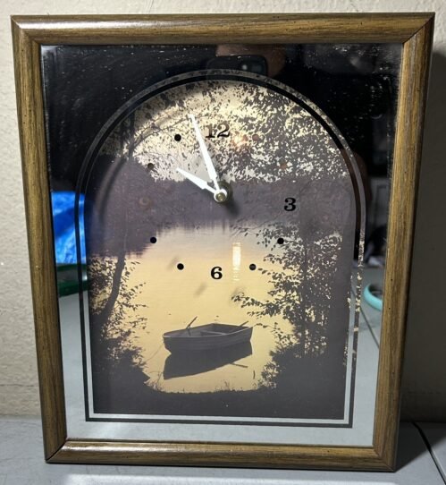 Vtg Intercraft Shadowbox Mirrored Glass Wood Framed Wall Clock Nature Lake Works