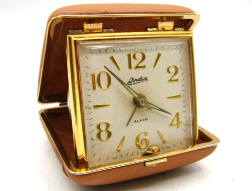 Vtg Linden Travel Alarm Clock Compact Snap Close Tan Case Glow In Dark Functions