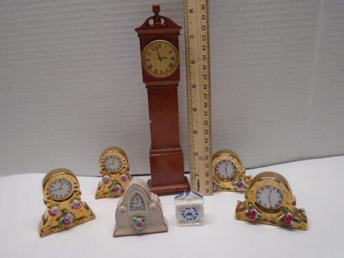 Vtg Lot Miniature Porcelain Dollhouse Clocks 6 Japan Mantle & 1 Wood Grandfather