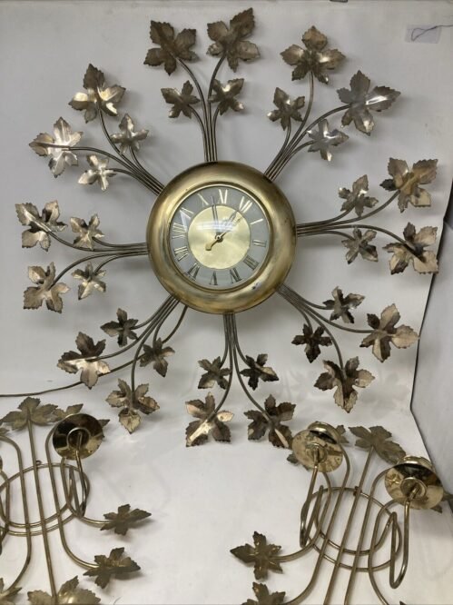 VTG MCM 22" United Starburst Sunburst Leaf Ivy Wall Clock & Candleholders Set