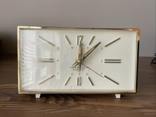 VTG MCM Retro Westclox Alarm Clock Cream W/ Gold Trim & Numbers -Works Great