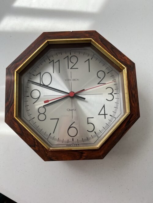 Vtg MCM Verichron Wood Octagon Quartz Wall Clock 9.75" wide WORKS
