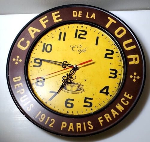 Vtg Metal CAFE de la TOUR Paris Battery Powered 12" Wall Clock