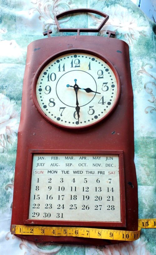 VTG Metal Perpetual Calendar and Wall Clock in One Rustic Country Red Farmhouse