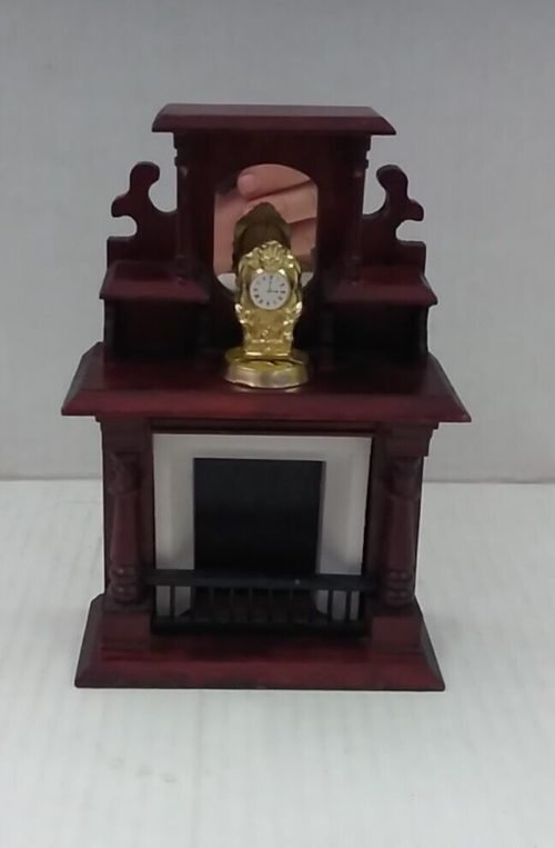 Vtg Miniature Fireplace & Mantle Clock For Doll House Dark Wood - Taiwan