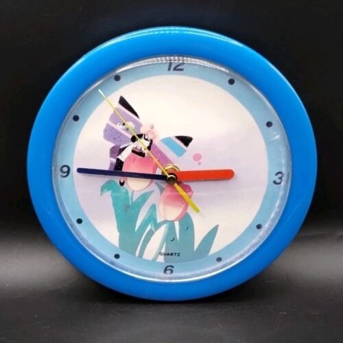 Vtg Plastic Round Wall Clock Girl Butterfly Wings Watering Tulips Flowers 8 Inch