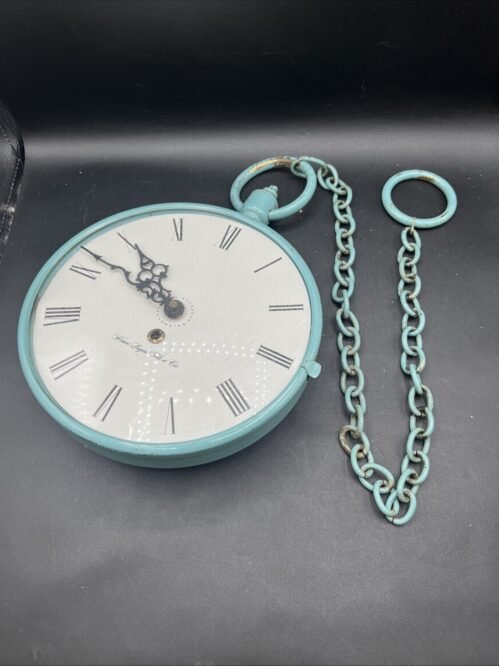 Vtg Pocket Watch Style Wall Clock w/Chain Turquoise Roman # Rustic Untested