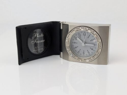 Vtg Quartz Desk Clock Photo Frame Pocket Style Alarm Function Silver Travel