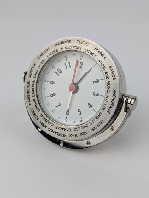 Vtg Quartz Desk Clock World Time Modernist Metal 2" Alarm Function Folding