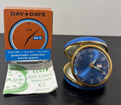 VTG RARE “ BLUE “ ELGIN JAPAN DAY DATE MONTH FOLDING WIND UP TRAVEL ALARM CLOCK