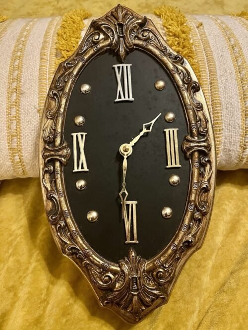 Vtg RARE MCM Verichron Harris & Mallow Wall Clock Black Hard Plastic Gold Frame
