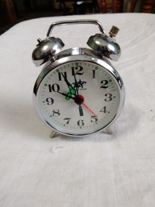 Vtg round star Alarm Clock Twin Bell Classic Design Chrome Glow In Dark, Works..