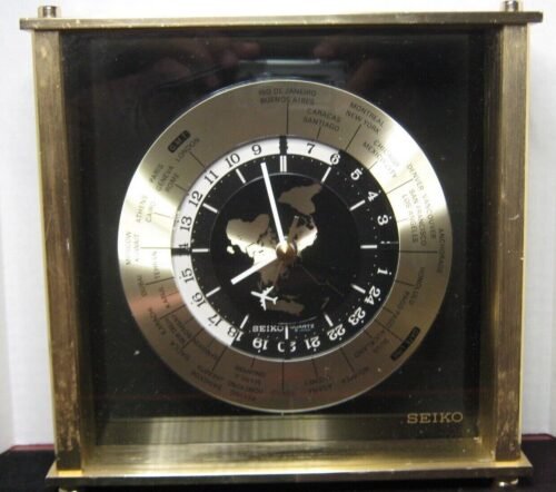 VTG SEIKO JAPAN QQZ885A cal.22005 BRASS DESK WORLD TIME ZONE CLOCK ("AS IS")