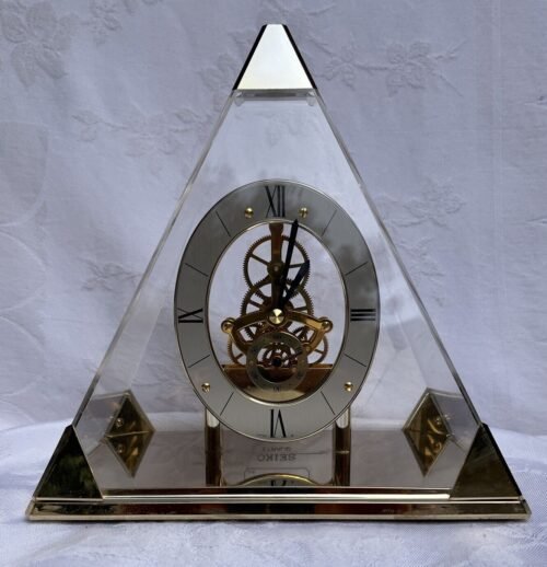VTG SEIKO Japan Quartz Pyramid Clock Skeleton Mantle Open Face Lucite Case 9”x8”