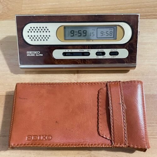 VTG SEIKO Transistor Radio Melodic Travel Alarm Clock w Case MCM Brown Gold Tone