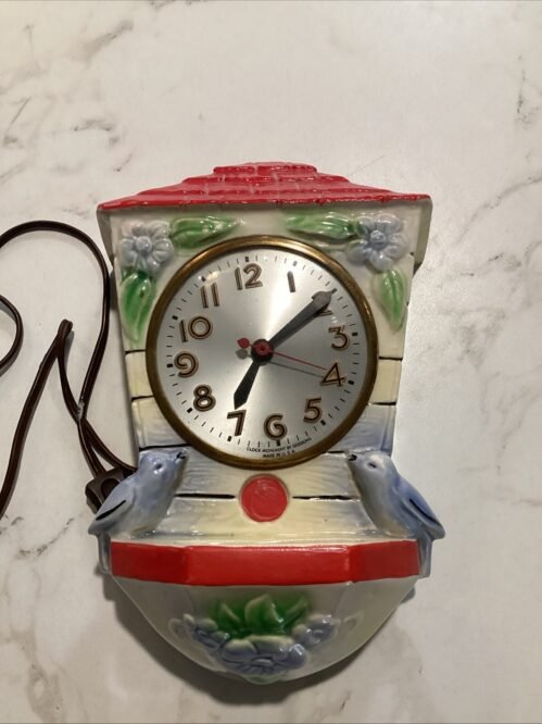 Vtg Sessions Ceramic Kitchen Wall Clock Bird House Floral Wall Pocket