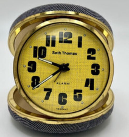 Vtg Seth Thomas Travel Alarm Clock Yellow Dial Denim Covered Clamshell Works!